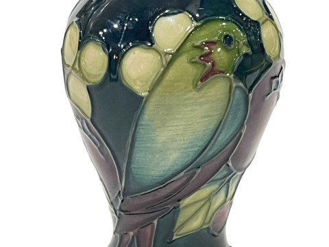 Small Moorcroft vase 'Finch & Berries', 10cm. thumbnail