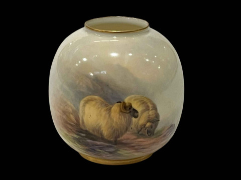 Royal Worcester sheep decorated pot signed E Barker, 2491, 8cm.