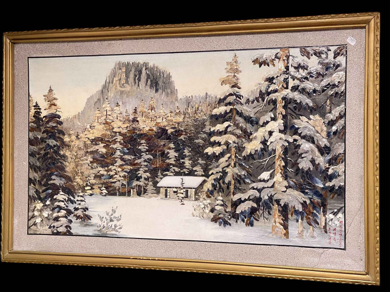 Chinese artwork, Chalet in Snowy Wooded Landscape, painting with applied decoration, framed, 59cm by 93.5cm, including frame.