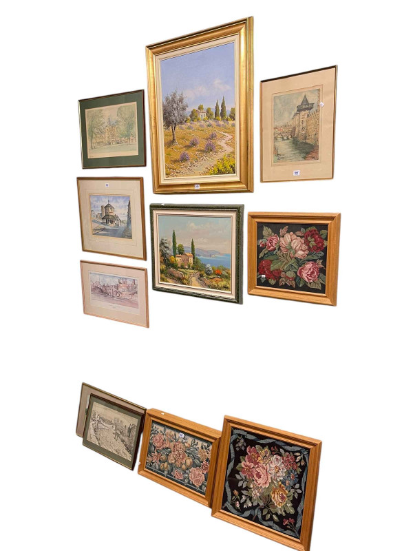 Collection of twelve various pictures including Barnard Castle watercolour, two Continental oils, four framed needleworks, etc.