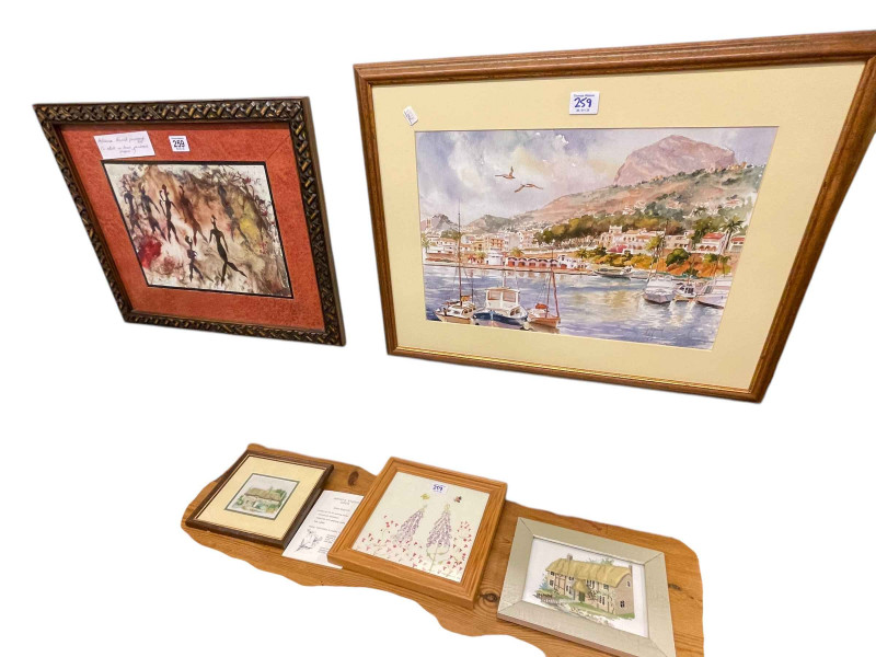 Framed African artwork, watercolour, two needleworks and prints (6).