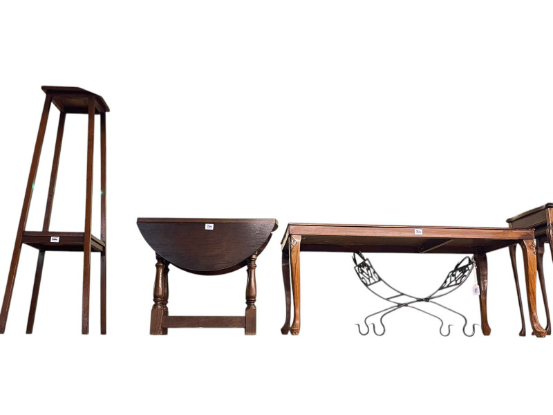 Brass telescopic standard lamp, Victorian mahogany toilet mirror, pair circular brass pedestal tables, nest of three tables, rectangular coffee table, drop leaf coffee table, three plant stands, cake stand, occasional table, etc. (13).