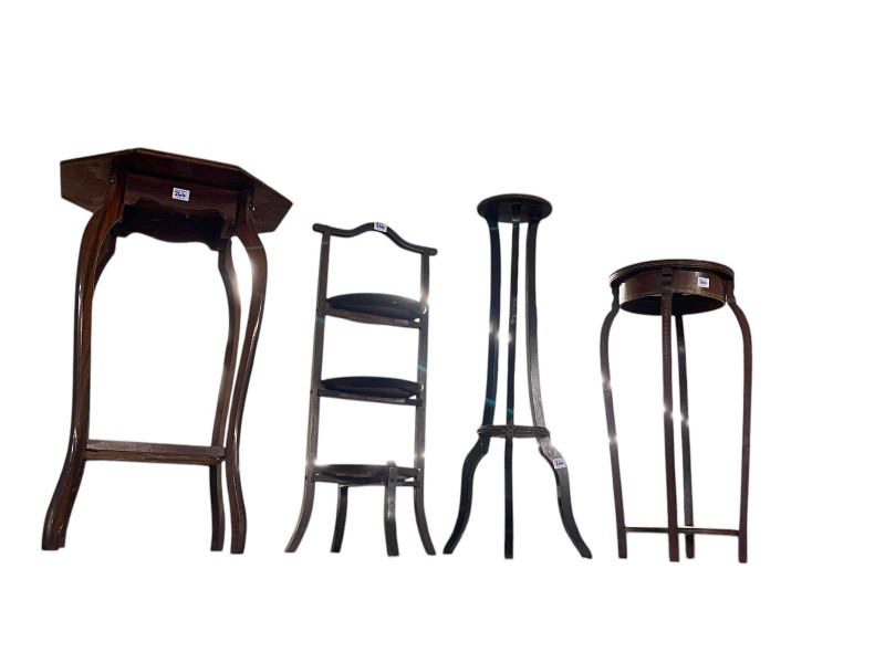 Brass telescopic standard lamp, Victorian mahogany toilet mirror, pair circular brass pedestal tables, nest of three tables, rectangular coffee table, drop leaf coffee table, three plant stands, cake stand, occasional table, etc. (13).