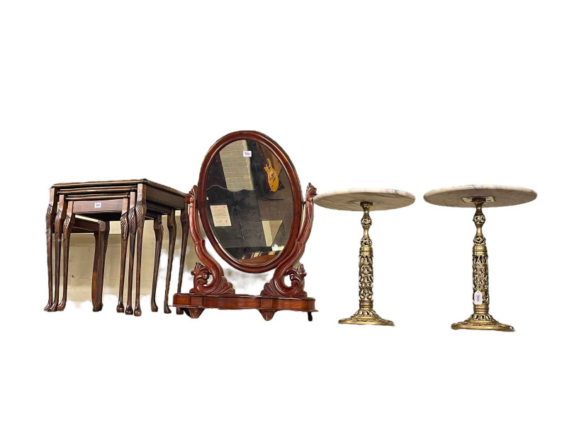 Brass telescopic standard lamp, Victorian mahogany toilet mirror, pair circular brass pedestal tables, nest of three tables, rectangular coffee table, drop leaf coffee table, three plant stands, cake stand, occasional table, etc. (13).