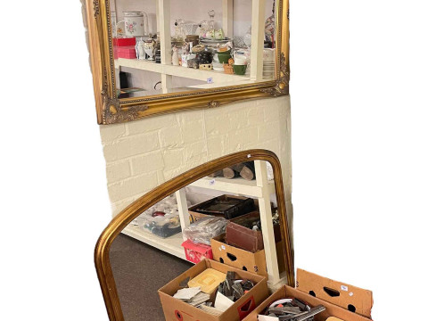 Gilt framed overmantel mirror and rectangular gilt framed bevelled wall...