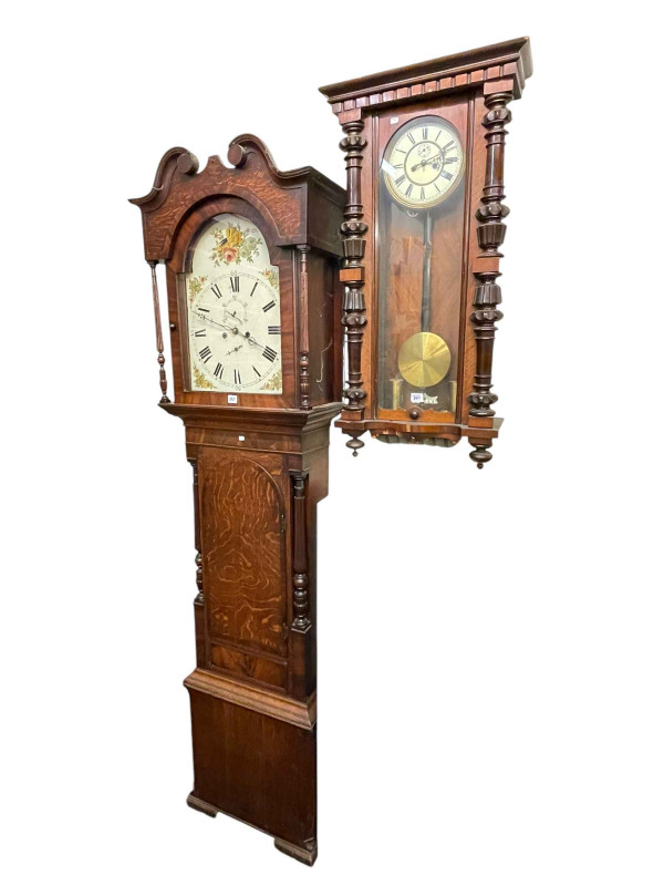 Antique oak and mahogany eight day longcase clock having floral painted arched dial and Gustav Becker double weight Vienna wall clock (2).