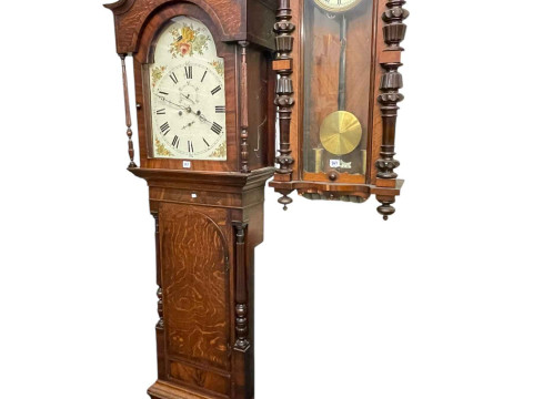 Antique oak and mahogany eight day longcase clock having floral painted...