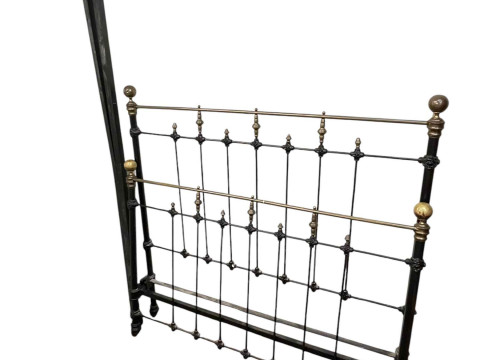 Victorian black and brass double bedstead, and two vintage Singer hand...