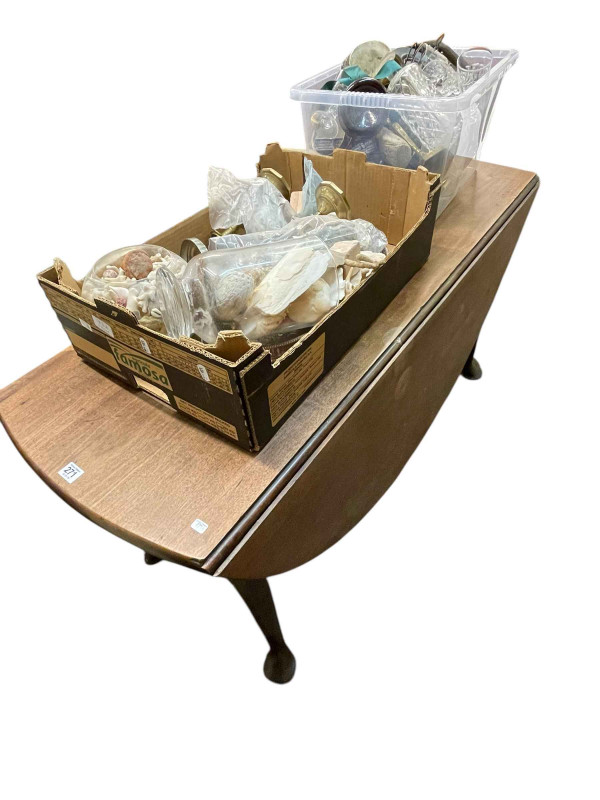 19th Century mahogany drop leaf dining table on pad feet, 72cm by 52cm by 136cm (leaves down), along with collection of glass, china, metalwares, sea shells and minerals, etc.