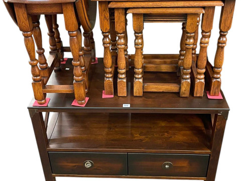 Oak and mahogany banded nest of three tables, matching drop leaf coffee...