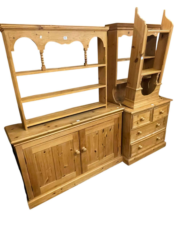 Pine two door side cabinet, pine four drawer shelf back dresser and two pine wall racks (4).