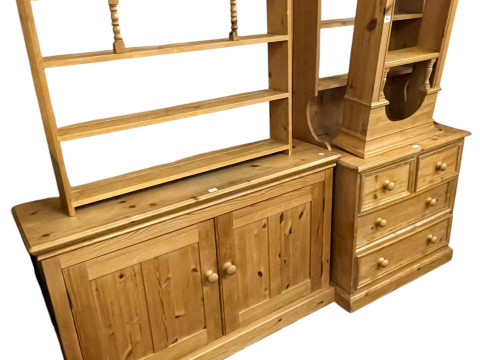 Pine two door side cabinet, pine four drawer shelf back dresser and two...