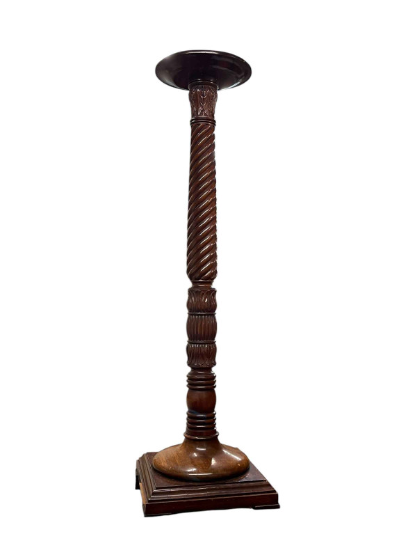 Burr walnut three drawer bureau, mahogany triform standard lamp and mahogany twist column torchere (3).