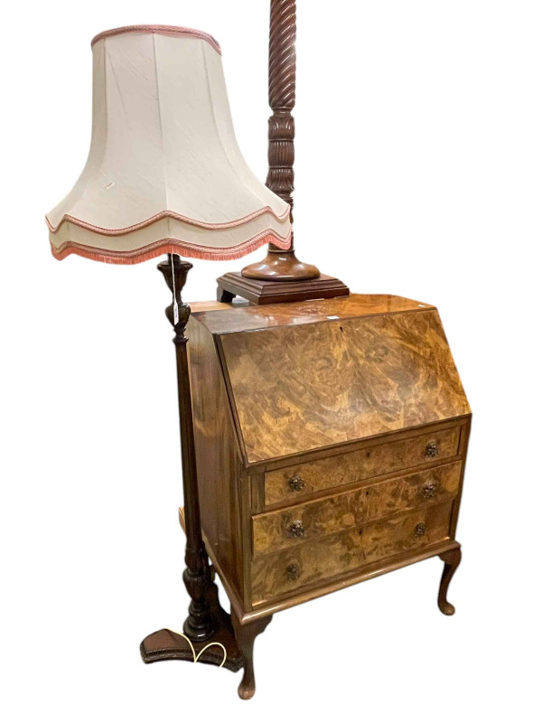 Burr walnut three drawer bureau, mahogany triform standard lamp and mahogany twist column torchere (3).