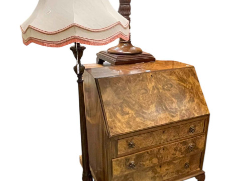 Burr walnut three drawer bureau, mahogany triform standard lamp and mahogany...