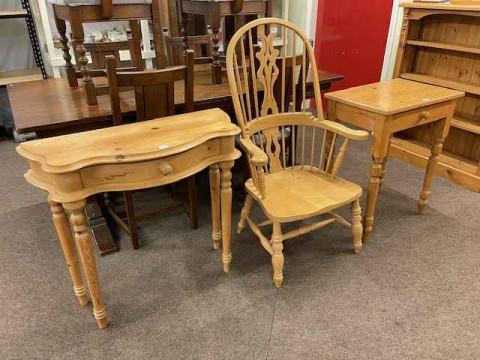 Pine single drawer side table, beech Windsor style elbow chair and pine...