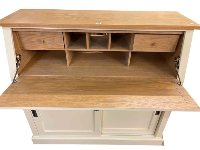 White and oak bureau computer desk, 109cm by 121.5cm by 44cm.