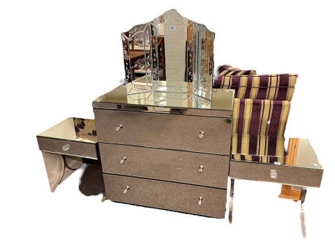 Contemporary mirrored three drawer chest, pair mirrored side tables and...