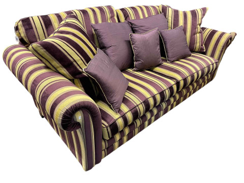 Alstons Grafton three seater sofa in aubergine and yellow stripe fabric.