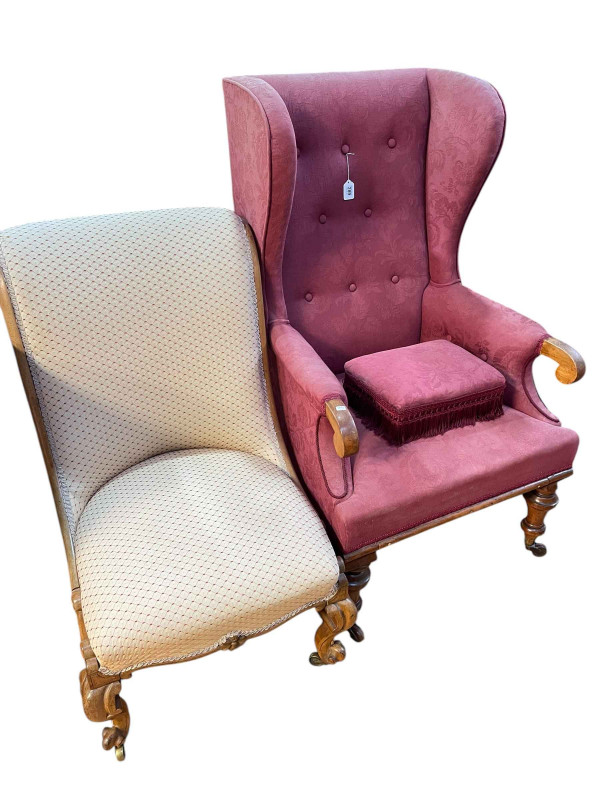 Victorian mahogany framed wing back armchair and footstool and Victorian mahogany scroll back nursing chair (2).