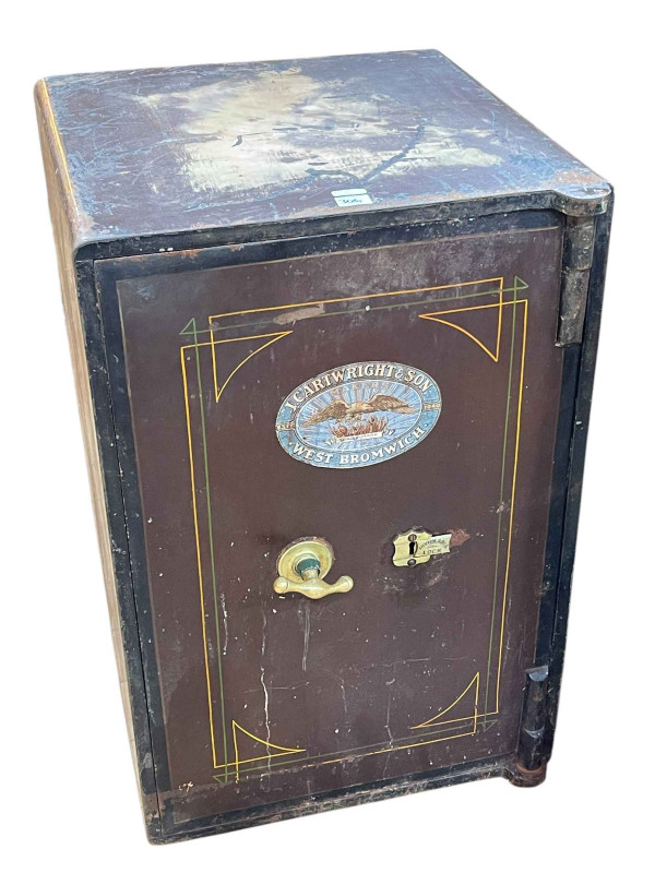 J. Cartwright & Sons, West Bromwich, floor safe and key, 76cm by 51cm by 53cm.