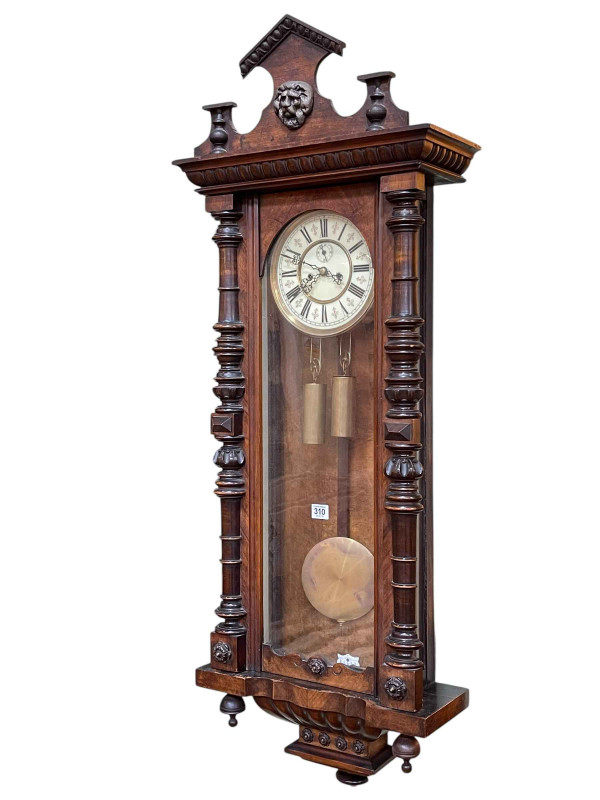 Victorian walnut cased double weight Vienna wall clock.