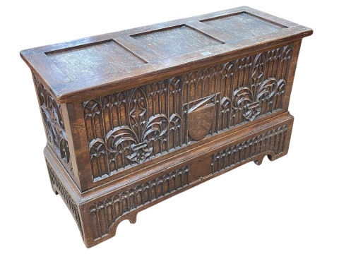 Gothic style carved oak coffer, 63.5cm by 106cm by 41cm.