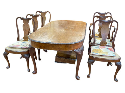 Burr walnut eight piece dining suite comprising serpentine front eight...