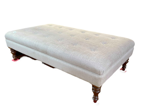 Turned leg window stool in light buttoned fabric, 36cm by 118cm by 69cm.