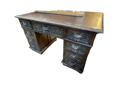 Victorian carved oak lion mask nine drawer pedestal desk, 75cm by 119cm...