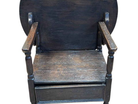 Antique period jointed oak circular topped monk seat with seat drawer,...