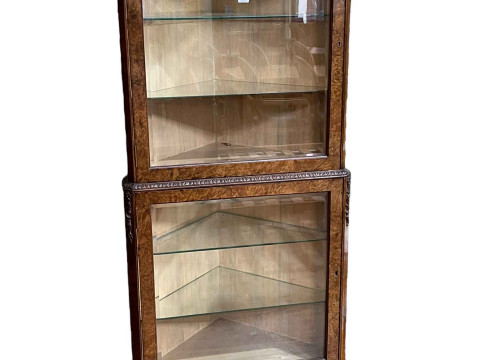 Burr walnut two bevelled glazed panel door corner display cabinet on hirsute...
