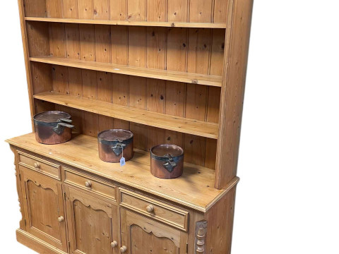 Pine dresser having shelf back above three drawers with three cupboard...