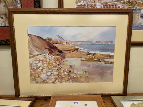 Framed African artwork, watercolour, two needleworks and prints (6). thumbnail