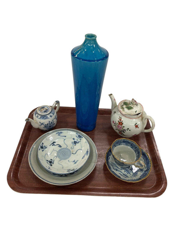 Collection of Chinese blue and white, famillé rose teapot, slender blue vase, etc.