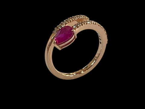 14 carat yellow gold, ruby and diamond snake design half eternity ring, size O. thumbnail
