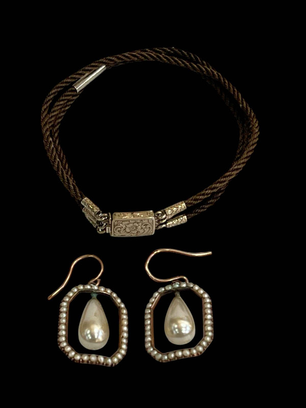 Pair Victorian earrings with seed pearl borders, and hair bracelet (2).
