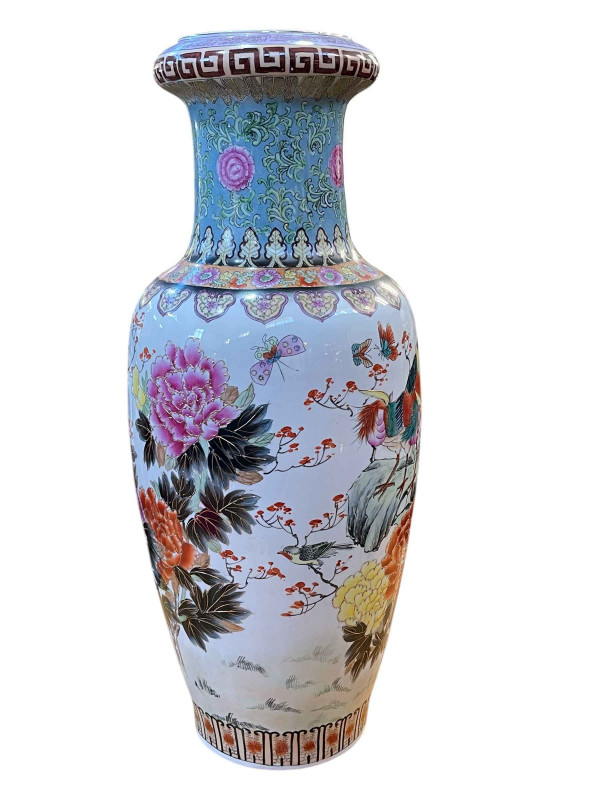 Large and impressive Chinese Famillé Rose vase decorated with exotic birds, insects and floral design, signature to base, 90cm.