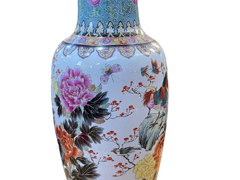 Large and impressive Chinese Famillé Rose vase decorated with exotic birds, insects and floral design, signature to base, 90cm. thumbnail