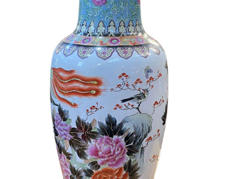 Large and impressive Chinese Famillé Rose vase decorated with exotic birds, insects and floral design, signature to base, 90cm. thumbnail