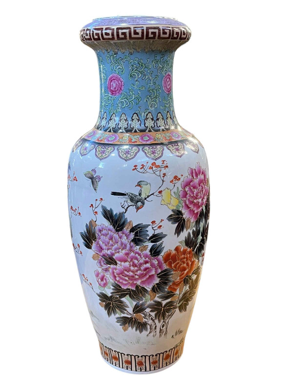 Large and impressive Chinese Famillé Rose vase decorated with exotic birds, insects and floral design, signature to base, 90cm.