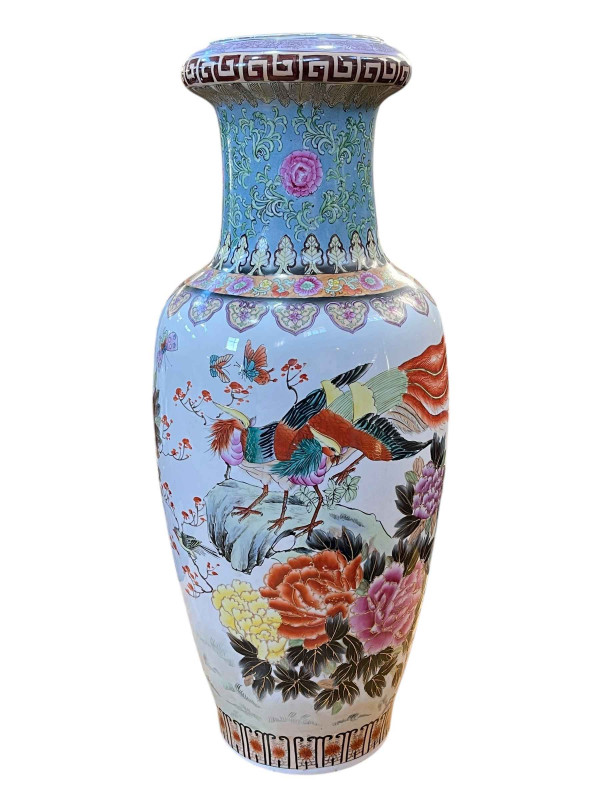 Large and impressive Chinese Famillé Rose vase decorated with exotic birds, insects and floral design, signature to base, 90cm.