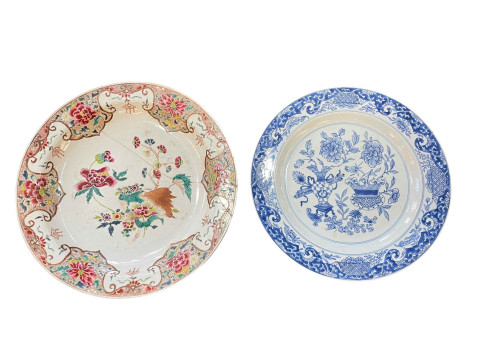 Two 18th Century Chinese chargers, blue and white decorated with vase...