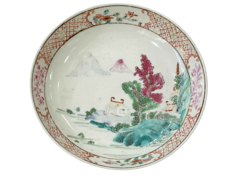 Small Chinese Famillé Rose saucer dish decorated with mountainous scene,...