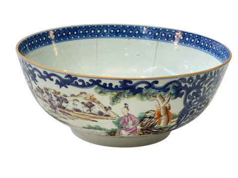 18th Century Chinese bowl decorated with figures in landscape with blue...