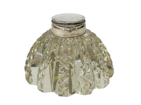 Good quality silver topped heavy cut glass inkwell, probably S Mordan...