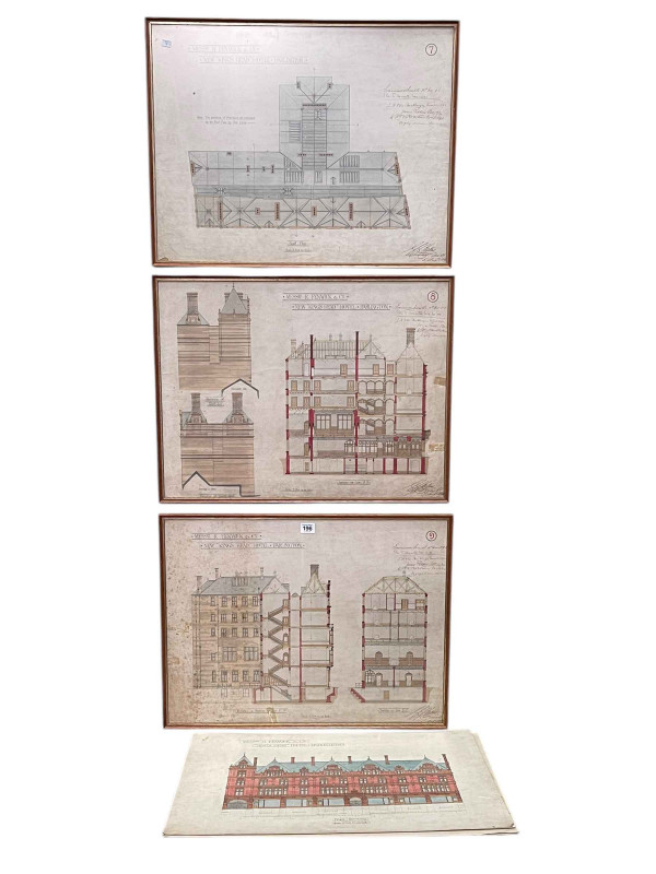 Set of six architectural drawings of The Kings Head Hotel, Darlington, three framed, 49.5cm by 64cm including frames.
