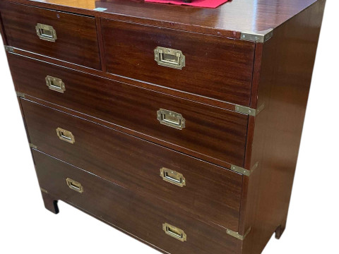 Campaign style brass bound chest of two short above three long drawers,...