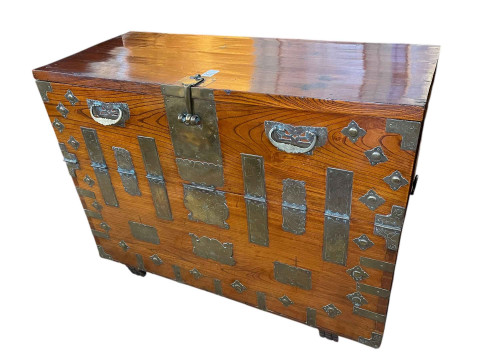 Oriental brass bound fall front chest, complete with lock and key, 83.5cm...