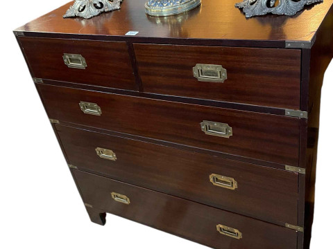 Campaign style brass bound chest of two short above three long drawers,...